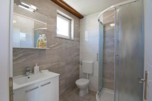 ein Bad mit einem WC, einem Waschbecken und einer Dusche in der Unterkunft Villa Ancora in Selca