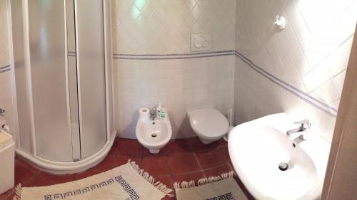 La salle de bains est pourvue d'une douche, de toilettes et d'un lavabo. dans l'établissement Dependance Castel del Monte, à Castel del Monte