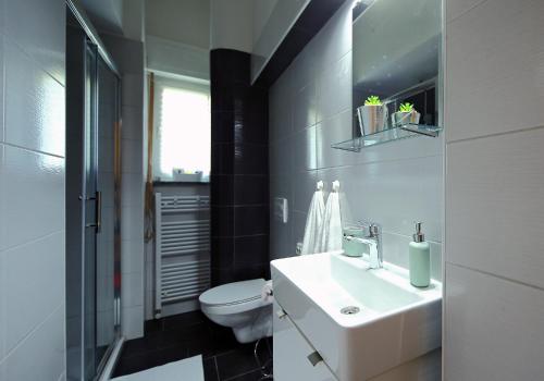 a bathroom with a sink and a toilet at Palma Apartment in Zagreb