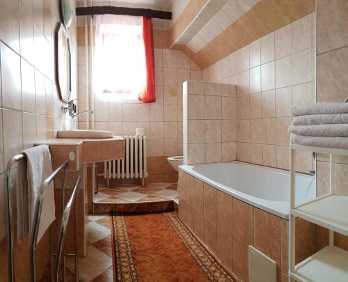 une salle de bain avec une baignoire et un lavabo dans l'établissement Apartment Janka Demanova, à Liptovský Mikuláš