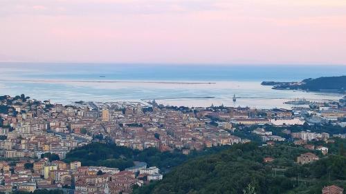 an aerial view of a city and the ocean at Borgo Foce La Spezia in La Foce