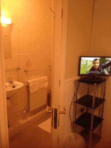 a bathroom with a tv on a stand in a bathroom at Lynebank House Hotel, Bed & Breakfast in Carlisle