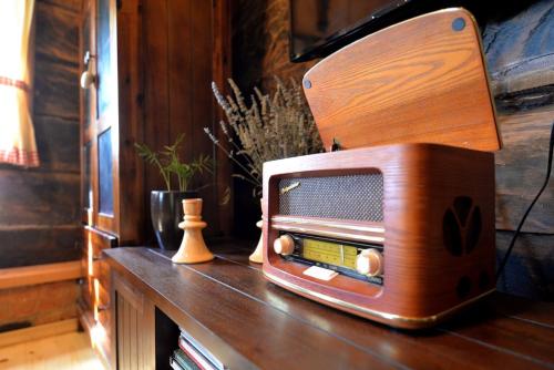 an old radio sitting on top of a table at Grebengradska Medna Hiža in Donje Makojišće