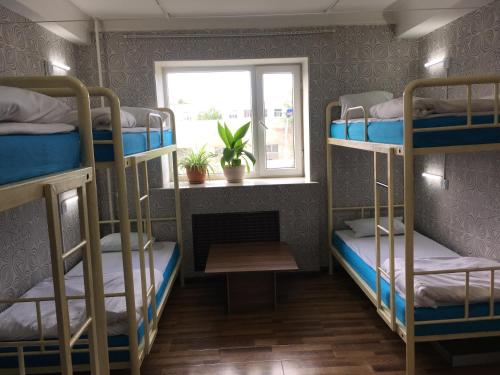 Zimmer mit Etagenbetten, einem Kamin und einem Fenster in der Unterkunft Four Season in Ulaanbaatar
