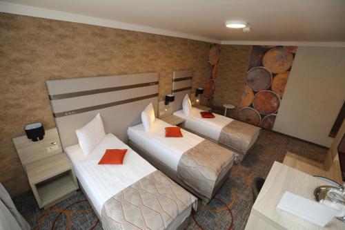 2 camas en una habitación de hotel con almohadas rojas en Hotel Baril en Haţeg