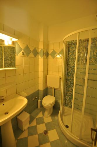 Un baño con inodoro, lavabo y ducha. en Agios Gordios Stevens on the hill, en Agios Gordios