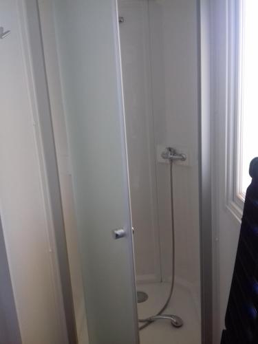 La salle de bains est pourvue d'une cabine de douche et de toilettes. dans l'établissement location mobil home ****, aux Mathes