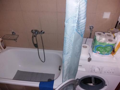 a shower in a bathroom with a washing machine at Jordan's Neoi Epivates Appartment by the Beach in Neoi Epivates