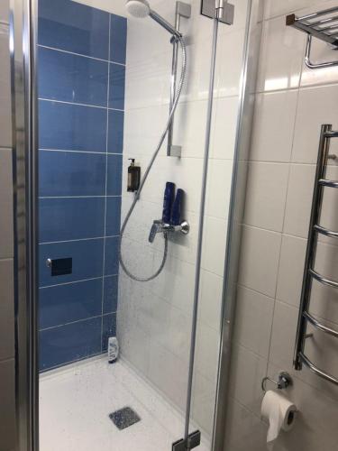 a shower with a glass door in a bathroom at Villa RK DeLuxe in Zatoka
