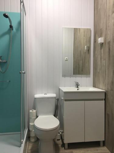 a bathroom with a toilet and a sink and a shower at Peniche Housing | Tree The Company in Peniche
