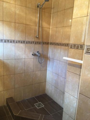 a shower with a shower head in a bathroom at Casa de vacanță Orsi in Sovata
