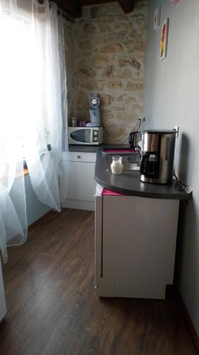une petite cuisine avec un comptoir et un micro-ondes dans l'établissement Chambres d'hôtes - Domaine Beau Sejour, à Biaudos