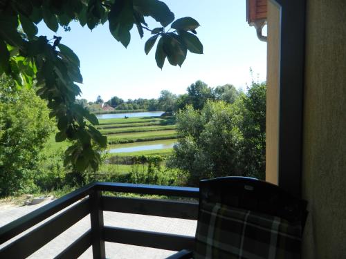 a window view of a river from a balcony at Greentó Apartman in Balatonföldvár