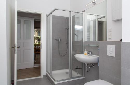 ein Bad mit einer Dusche und einem Waschbecken in der Unterkunft Pandoras home in Berlin