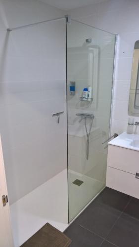 a bathroom with a shower and a sink at Casa Skadi in Villaverde