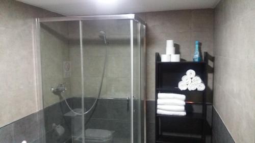 リンコン・デ・ラ・ビクトリアにあるLos Manzanosのバスルーム(ガラスドア付きのシャワー付)