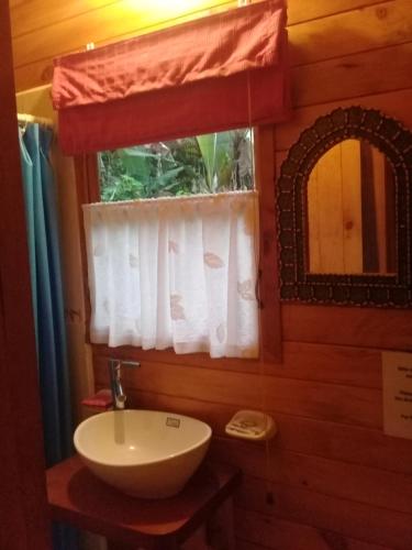 baño con lavabo, espejo y ventana en Hosteria La Roulotte - Mindo, en Mindo