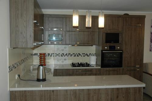uma cozinha com armários de madeira e uma bancada em Apartament Beata em Jastrzebia Gora