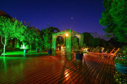 a gazebo with lights in a garden at night at Pousada Ana Terra in Monte Verde