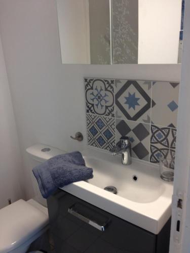 une salle de bain avec un lavabo et un miroir dans l'établissement Le petit studio honfleurais, à Honfleur