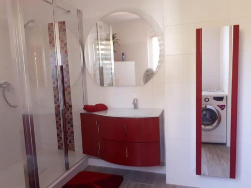 ein Badezimmer mit Waschbecken und Waschmaschine in der Unterkunft Ferienwohnung Schlossblick Altenburg in Altenburg