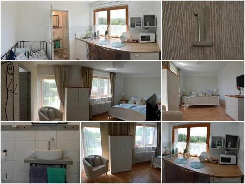 a collage of photos of a living room and kitchen at U Václava in Kněževes