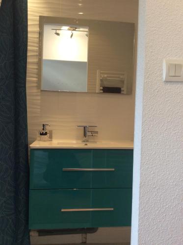 uma casa de banho com um lavatório e um espelho em L'appart de Clea em Montluçon