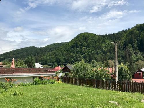 a bridge over a field with mountains in the background at Bystravilla in Bystrá