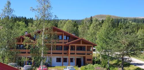 a large wooden house with cars parked in front of it at Solbjørnlia Apartments in Trysil