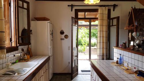 a kitchen with a sink and a refrigerator at Ample Modern Country Home in Néa Epídhavros