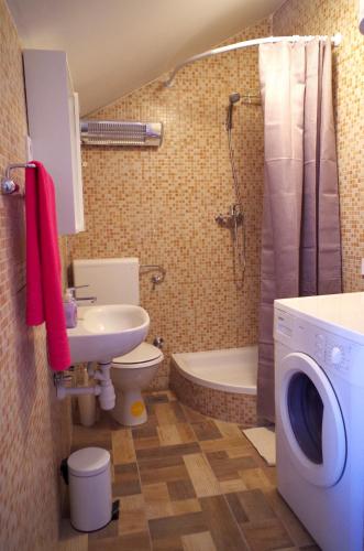 a bathroom with a toilet a sink and a washing machine at apartman željana in Vis