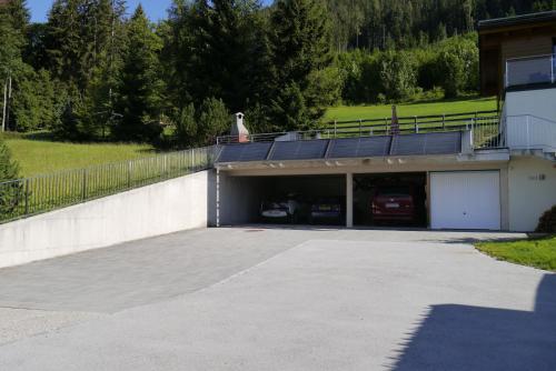 un estacionamiento con un ganso sentado encima en Austrian Alpine Apartments, en Ramsau am Dachstein