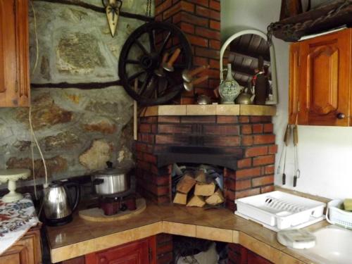 uma cozinha com uma lareira de tijolos e um fogão em The Gates Apartments em Koprivshtitsa