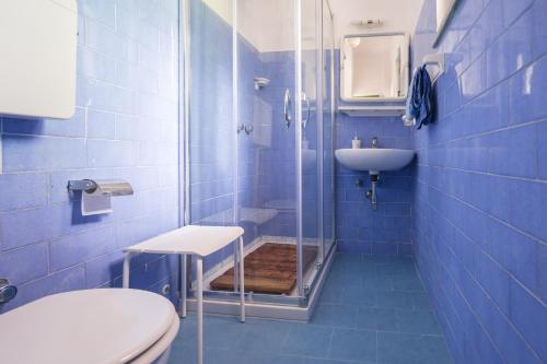 Baño de azulejos azules con aseo y lavamanos en Villa Troianiello en Carano