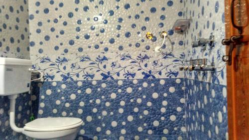 baño con aseo y pared azul y blanca en Villa Vibes, en Chikmagalur