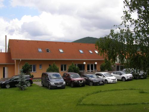 eine Gruppe von Autos, die vor einem Haus geparkt sind in der Unterkunft Pension Harmonia in Miercurea Ciuc