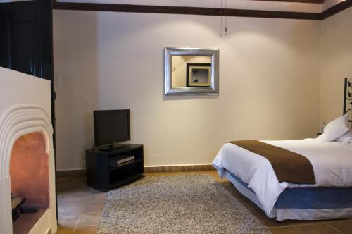a bedroom with a bed and a mirror and a tv at Casalinda San Miguel in San Miguel de Allende