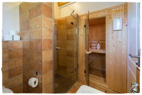 a bathroom with a shower with a toilet and a sink at Fischerhaus in Quilitz in Quilitz