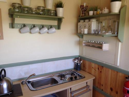 a kitchen with a sink and a stove and shelves at Lizzie off grid Shepherds Hut The Buteland Stop in Bellingham