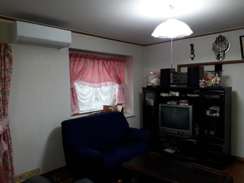 sala de estar con silla azul y TV en Jukichi Owada Residence en Sendai