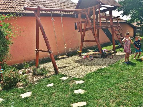 two children standing in a yard with a swing at Árpád nyaralóház in Sarud