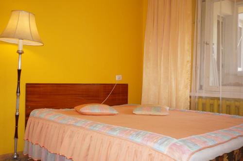 a bed with two pillows and a lamp in a room at Karolina in Nida