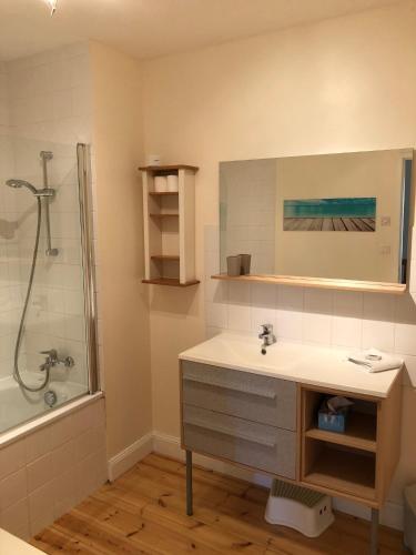 une salle de bain avec un lavabo et une douche dans l'établissement Gites de Cognac, à Bréville