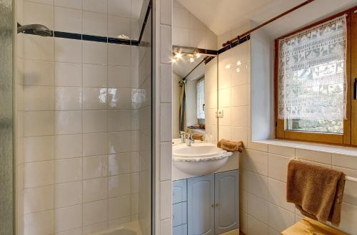 ein Bad mit einem Waschbecken und einer Dusche in der Unterkunft A la Ferme de Kervihern in Locoal-Mendon