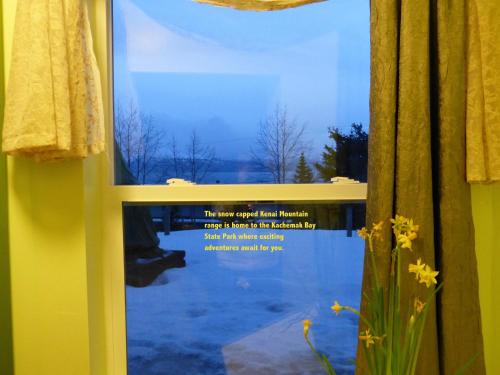 a window with a view of a snow covered yard at Halcyon Heights B&B/Inn in Homer