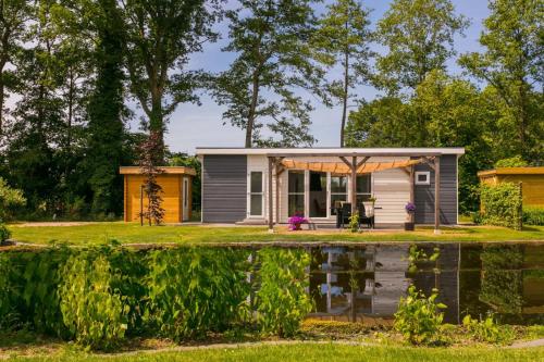 a tiny house with a pond in front of it at Vakantiepark de Lochemse Berg in Lochem