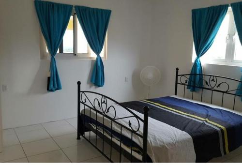 - une chambre avec un lit doté de rideaux bleus dans l'établissement Villa Mila, 4 Bedroom holiday home with private pool and tropical view in a quiet residential area of Willemstad, Curacao, à Willemstad