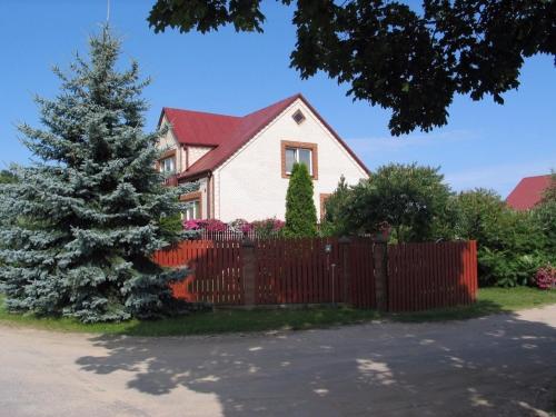 a house with a fence and a christmas tree at Agroturystyka Katarzyna Tarasiewicz in Stary Folwark