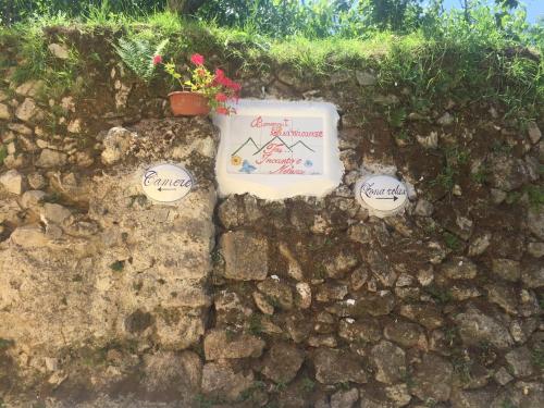 a sign on a stone wall with a potted plant at TRA... INCANTO E NATURA in Tramonti