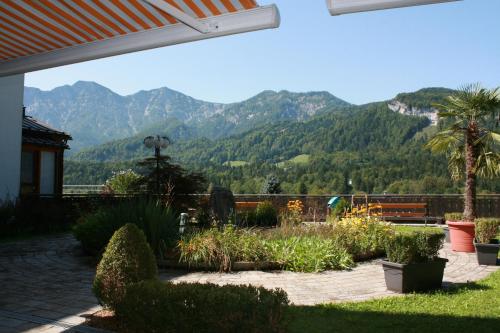 a garden with a view of mountains in the background at Hotel Lindwurm in Bad Goisern